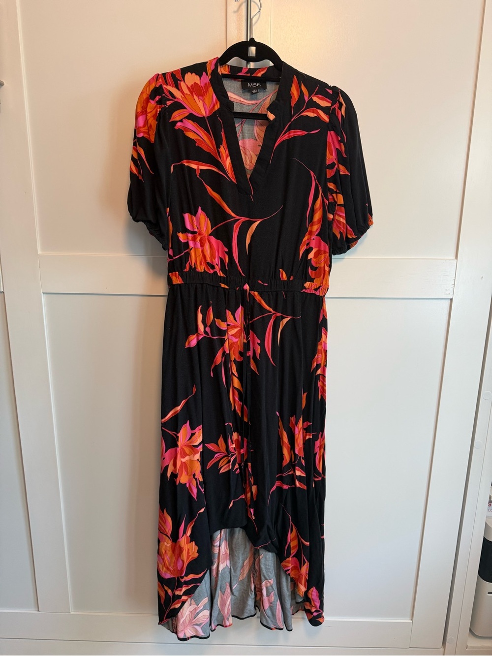 MSK Black High-Low Maxi Dress with Pink & Orange Floral Print